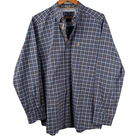 Ariat PRO Series button Front men's XL Shirt Plaid Blue Brown long sleeve Logo - Picture 2 of 10